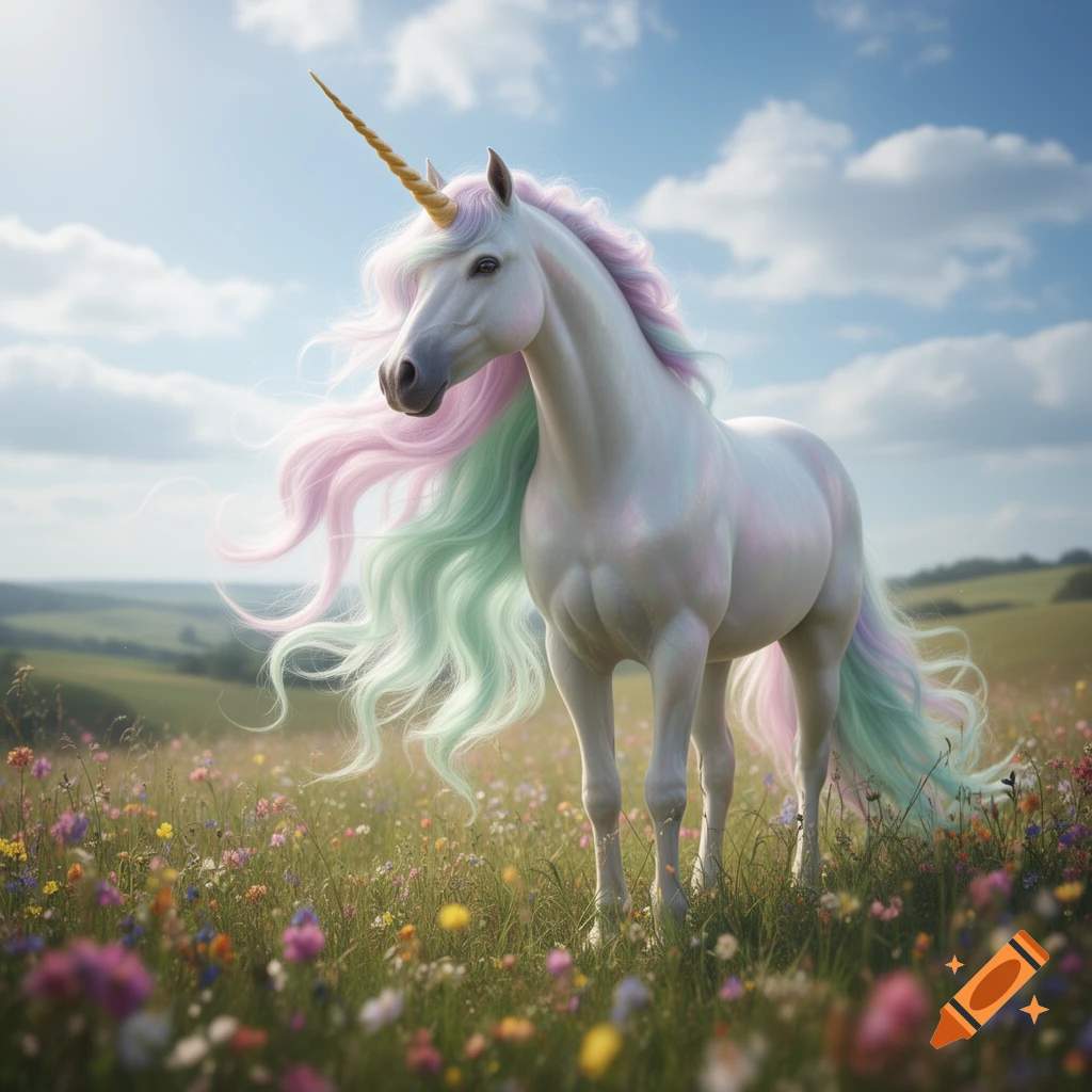 Photorealistic unicorn with golden horn and flowing pastel mane/tail in a vibrant wildflower meadow under a blue sky.