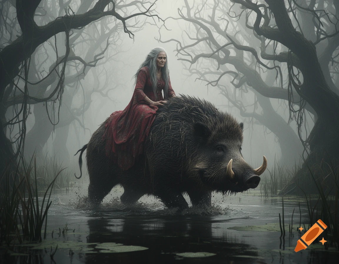 An old hag in a red dress rides a huge, shaggy boar through a misty swamp with gnarled trees.