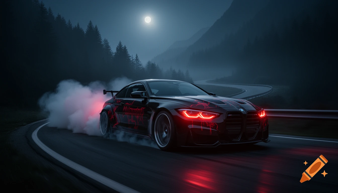 A black BMW M4 Competition car with red graphics drifts on a dark, winding mountain road at night, emitting thick smoke under a full moon.