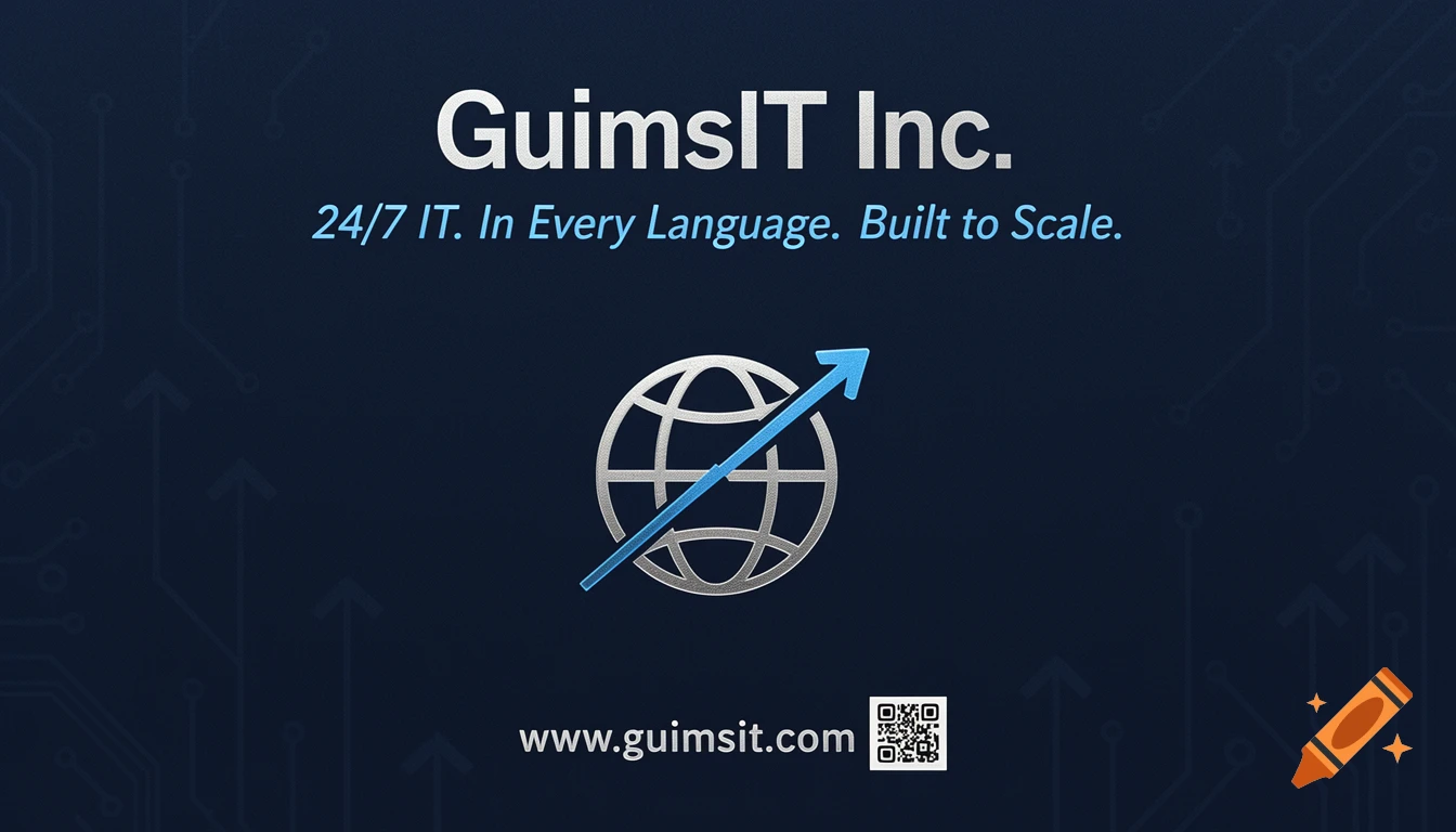 A GuimsIT Inc. business card featuring a globe and arrow logo, slogan, and website on a dark blue tech background.
