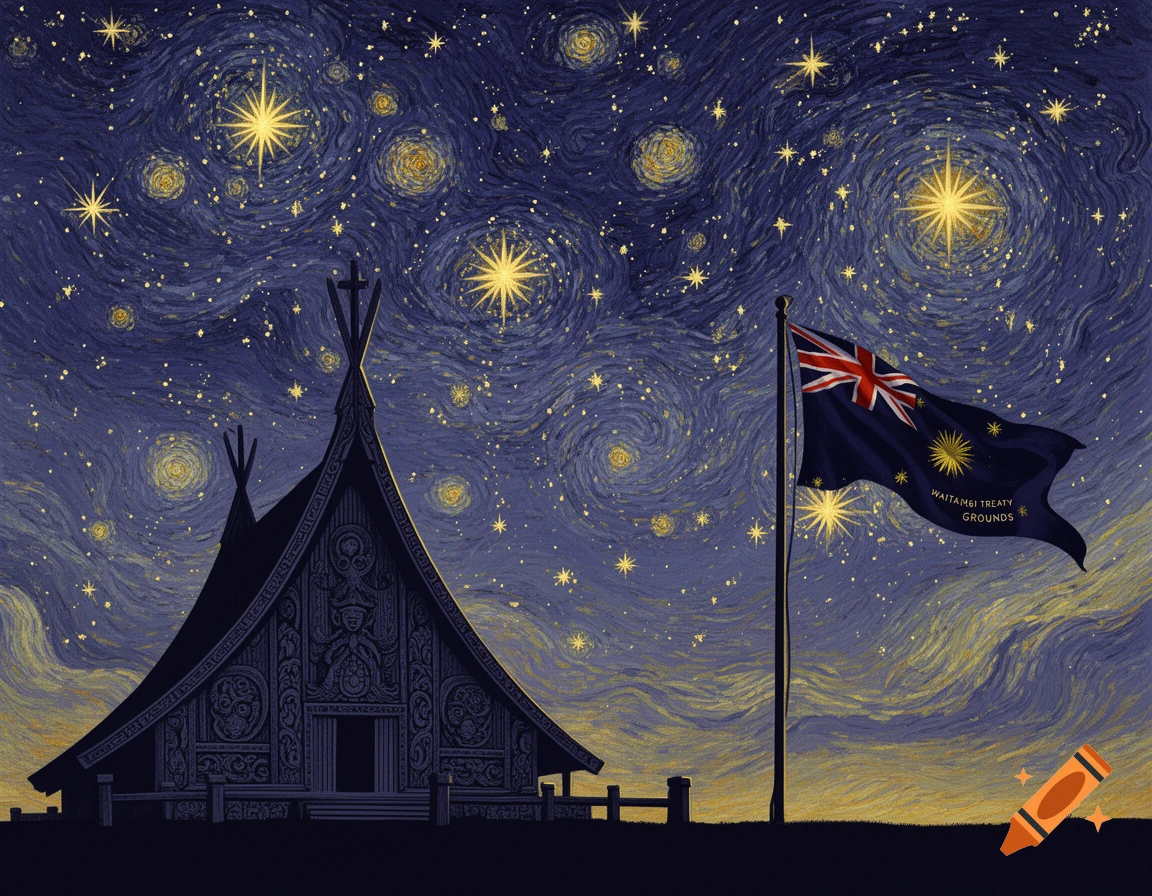 A stylized painting in the Van Gogh style depicting a dark silhouette of a traditional marae building under a swirling, star-filled night sky. A New Zealand flag with 'WAITANGI TREATY GROUNDS' flies on a flagpole.