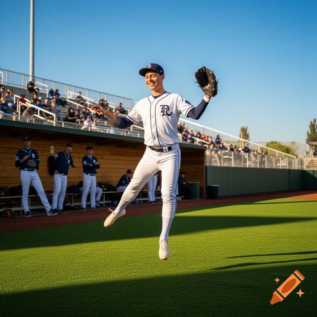 A baseball player in a white uniform with a blue hat and mitt jumps joyfully on a green field in a stadium.