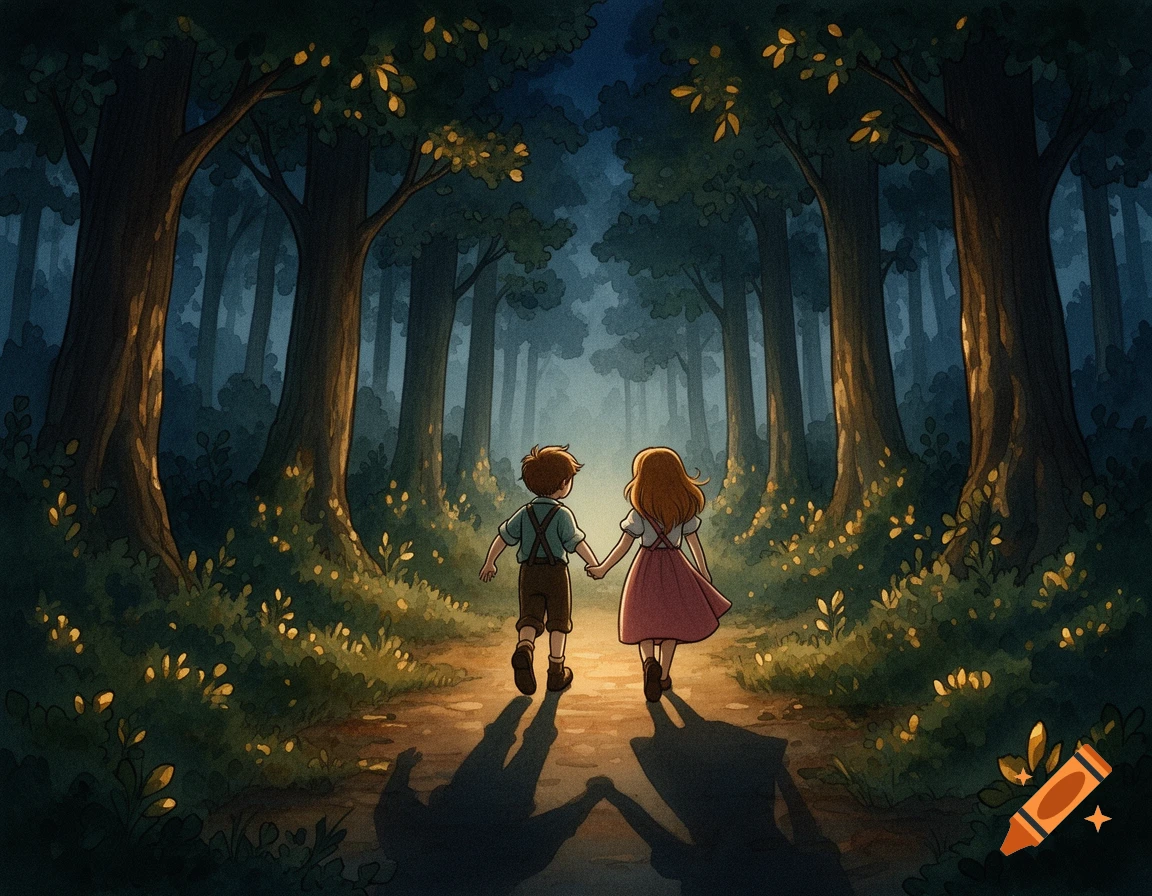 Hansel and Gretel, hand in hand, walk into a dark, whimsical forest lit by golden light, with long shadows, in a digital watercolor style.