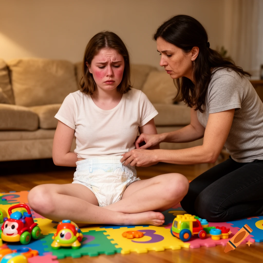 An embarrassed young woman wearing a diaper sits on a playmat with toys, while an older woman adjusts her waistband.