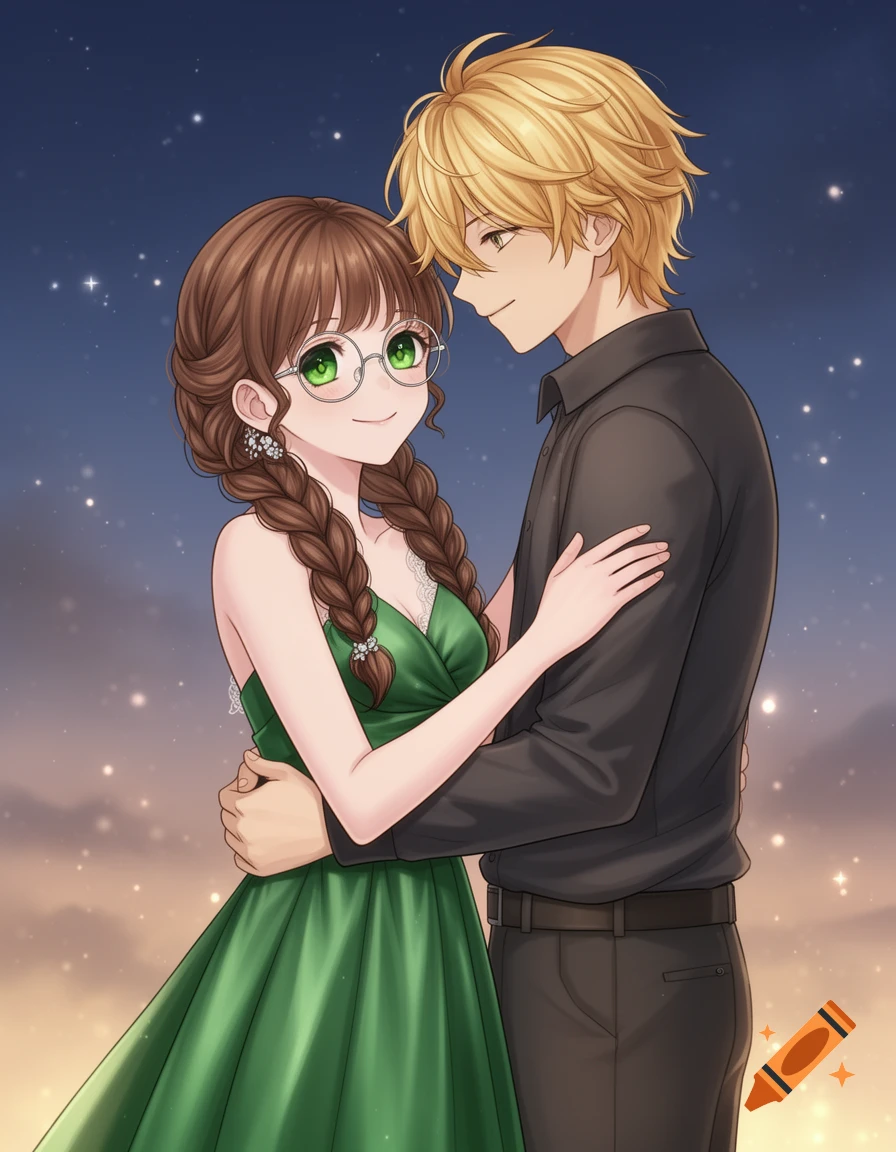 An anime couple embracing under a starry night sky, with the girl in a green dress and glasses, and the boy in a dark shirt.