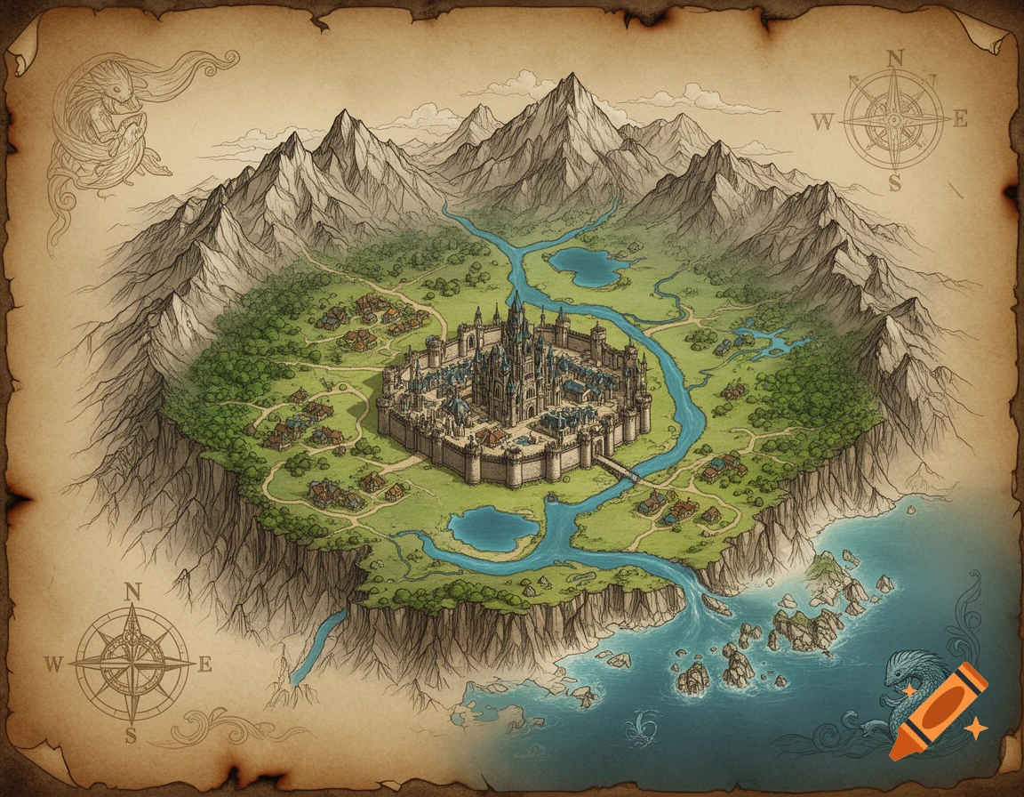 A detailed fantasy map of a kingdom with a castle, mountains, rivers, lakes, and a coastline, on aged parchment.