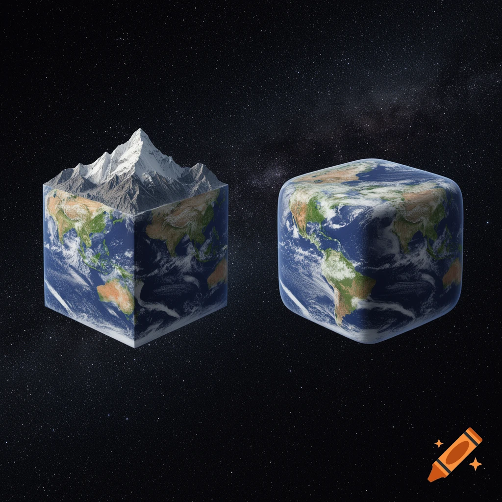 Two cube-shaped Earths, one with sharp edges and mountains, one with rounded edges, float in a starry space.