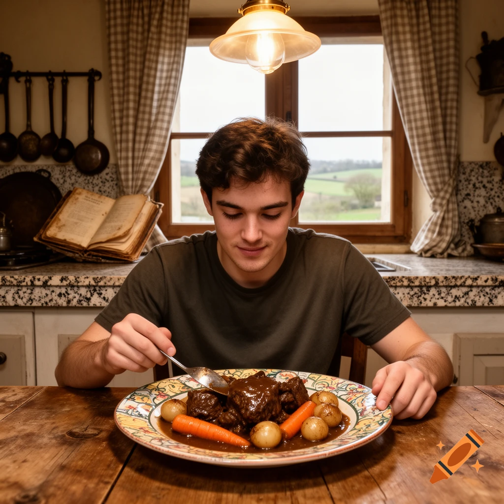 A young man eats a hearty beef stew with carrots and potatoes at a rustic wooden table in a cozy kitchen.