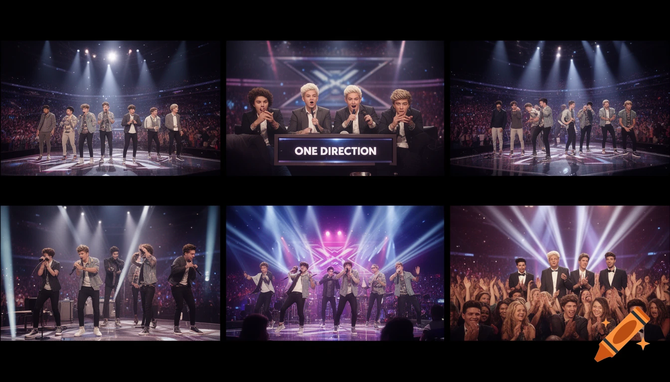 Six-panel storyboard showing a boy band performing on a brightly lit stage, judges at a table with 'ONE DIRECTION' sign, and an applauding audience.