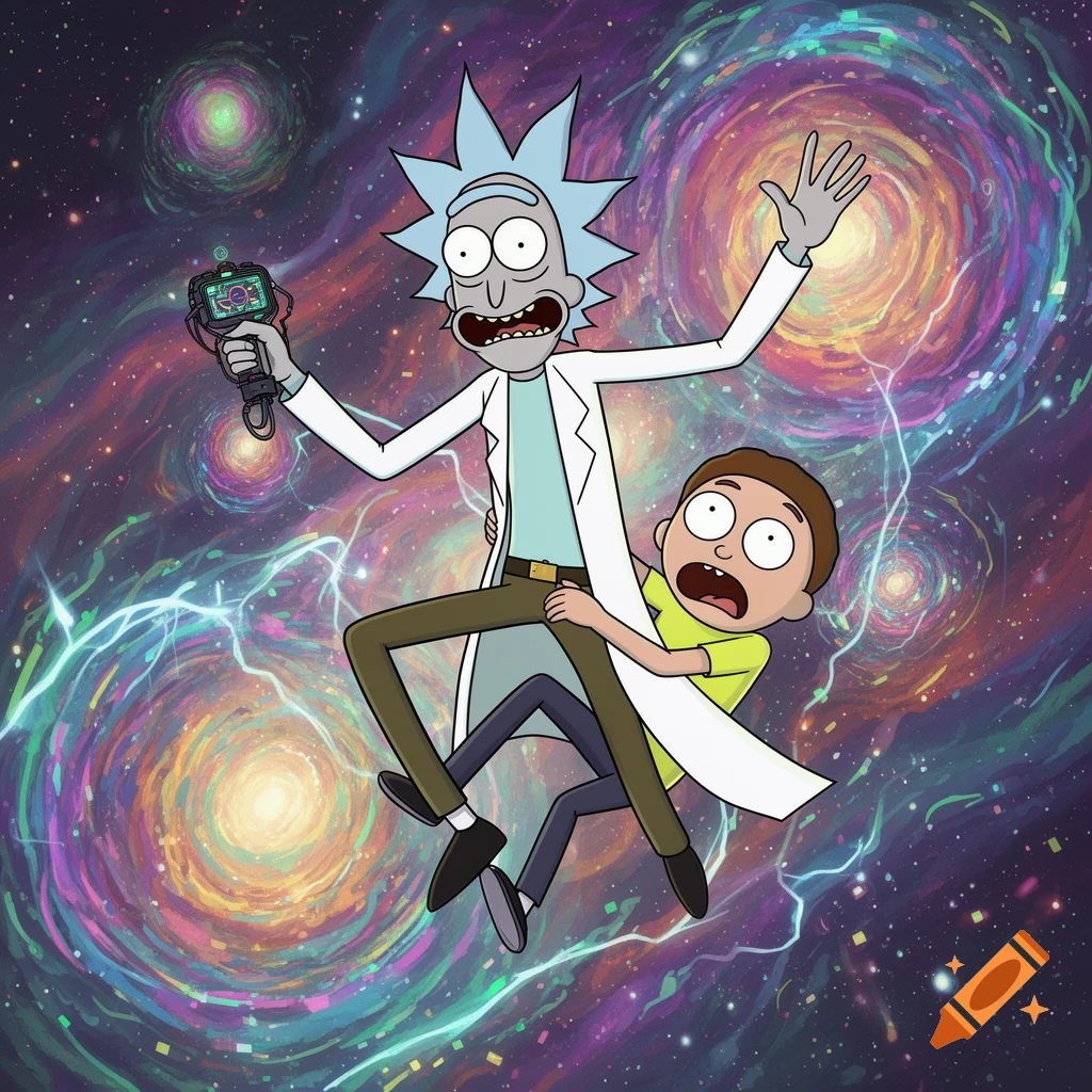 Rick and Morty cartoon characters floating in a colorful cosmic space with swirling galaxies.