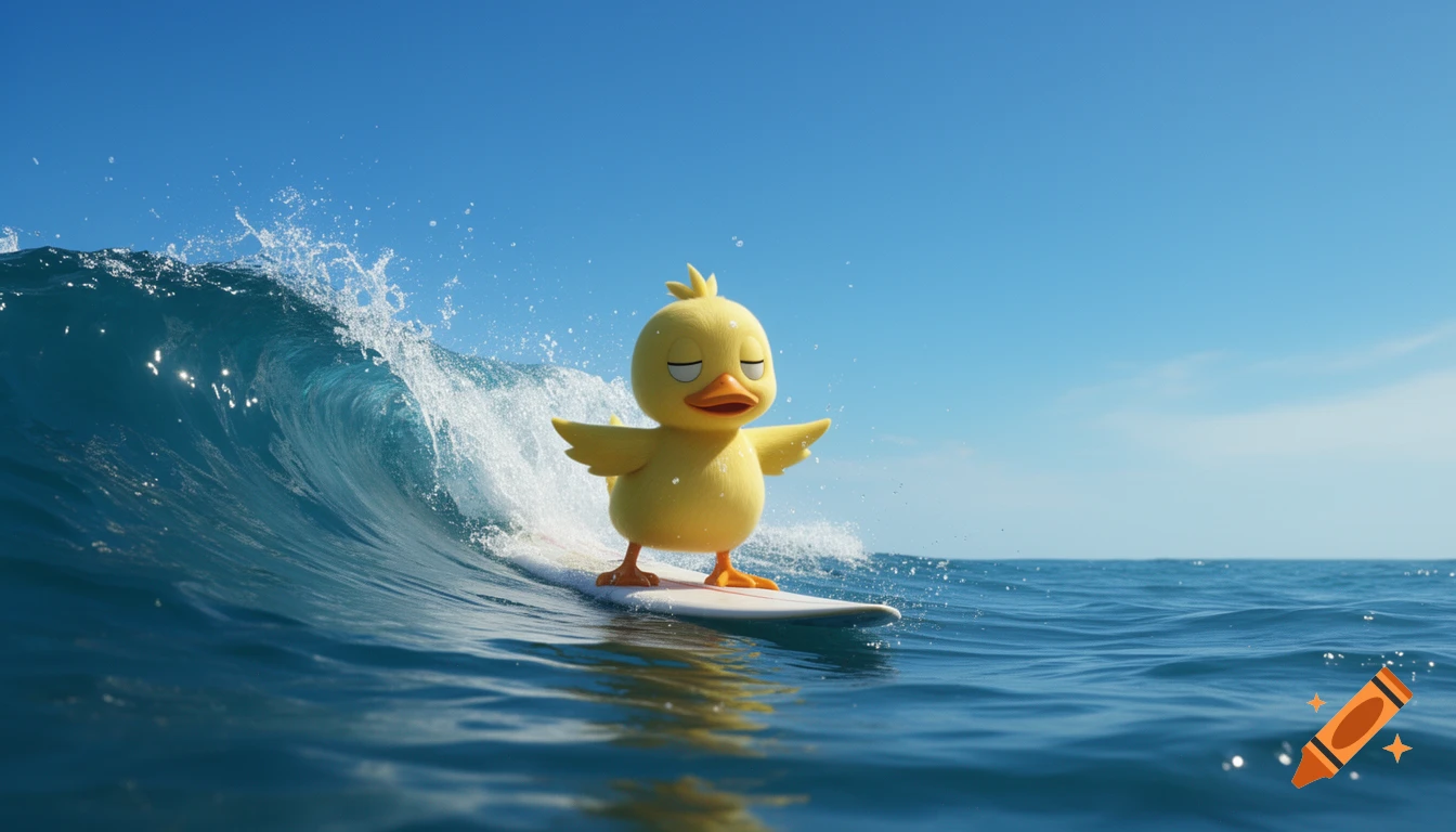 A yellow cartoon duck with closed eyes balancing on a surfboard on a clear blue ocean wave under a bright blue sky.