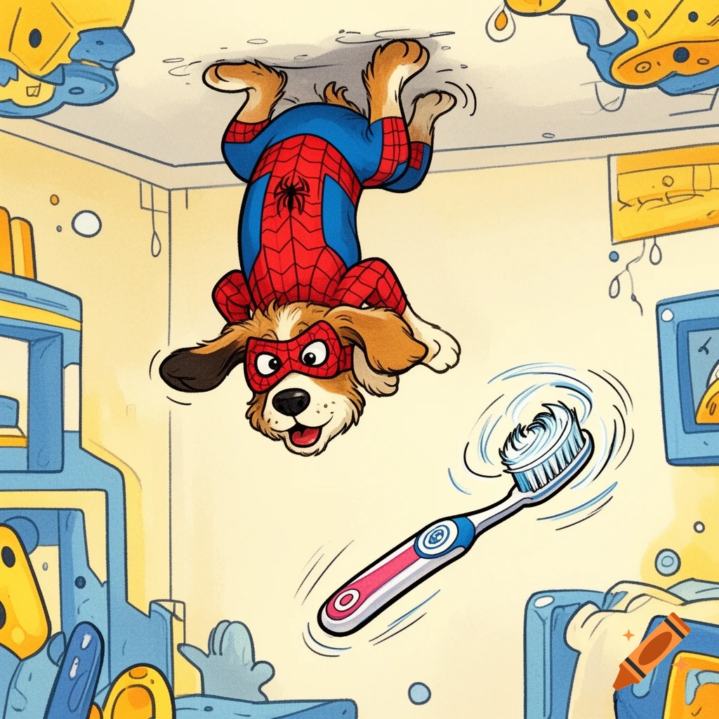 A cartoon dog in a Spider-Man costume hangs upside down from a ceiling, looking at a floating electric toothbrush in a doodle style.