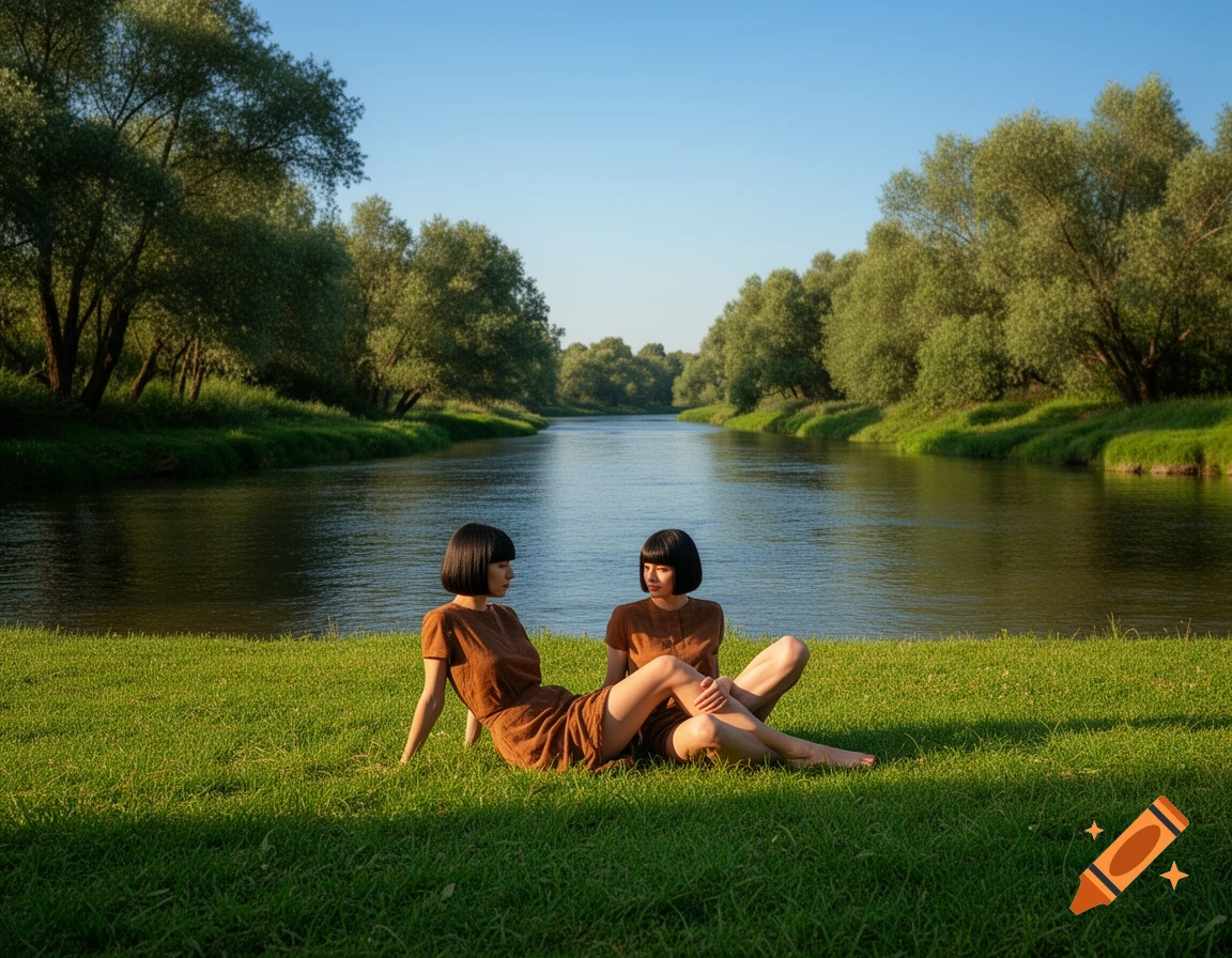 Two women with bob haircuts sit on lush green grass beside a tranquil river, lined by dense trees under a clear blue sky.