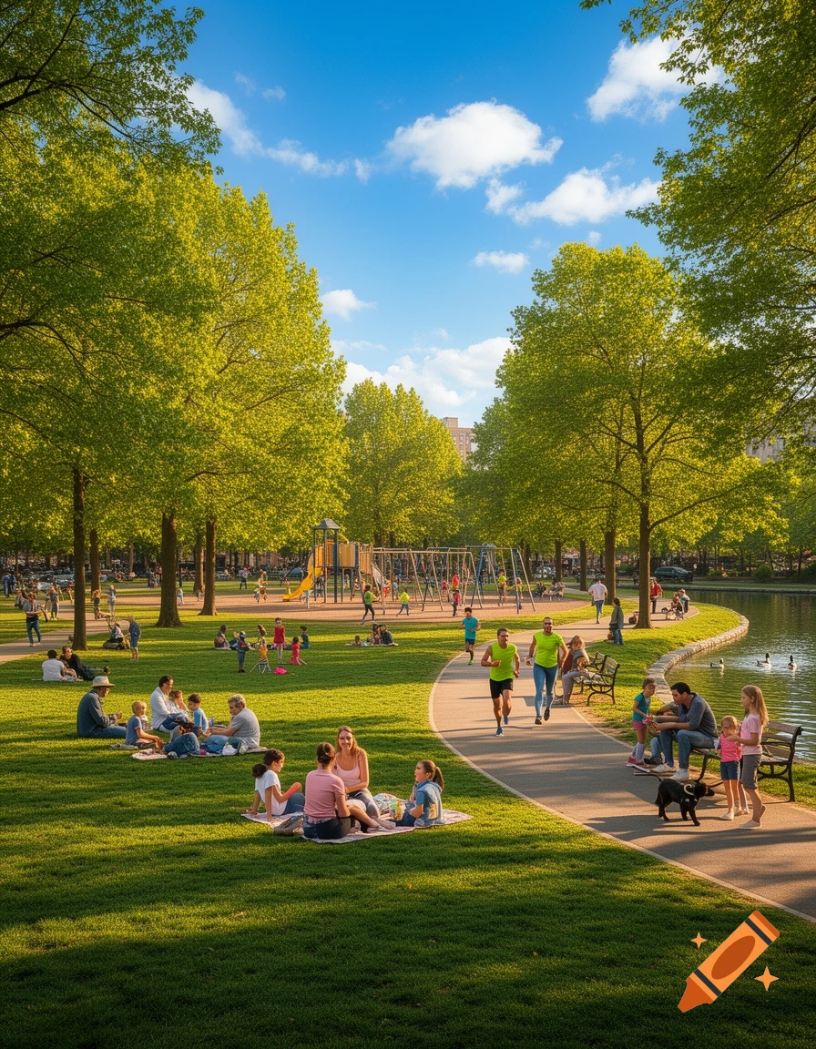 A vibrant park scene with people picnicking, jogging, and playing near a pond and playground under a clear blue sky.