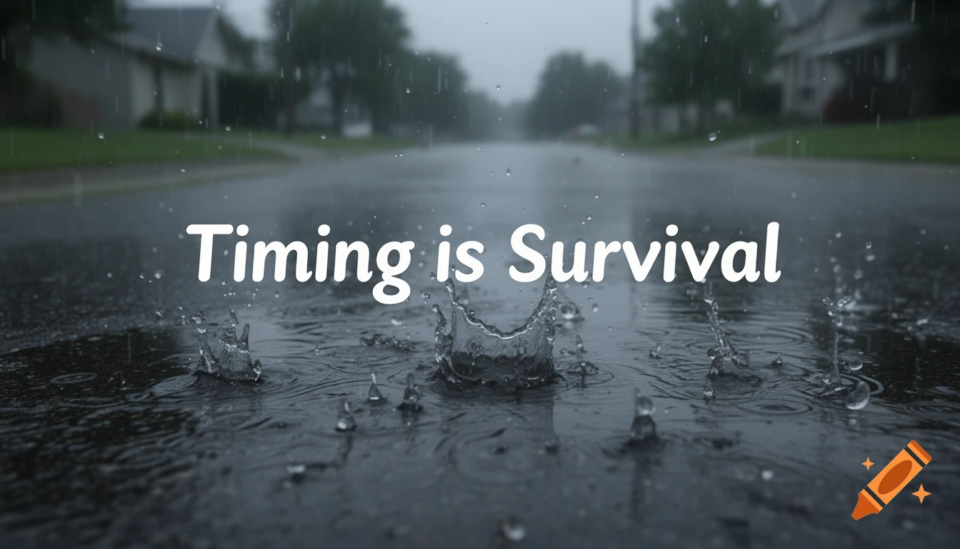 A worm's-eye view of a wet asphalt road in heavy rain, with large raindrops splashing and "Timing is Survival" written on the ground.