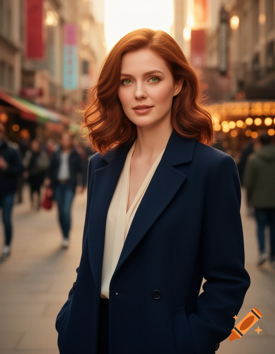 A photorealistic portrait of a woman with red hair and green eyes, wearing a dark blue coat, standing on a bustling city street at sunset.