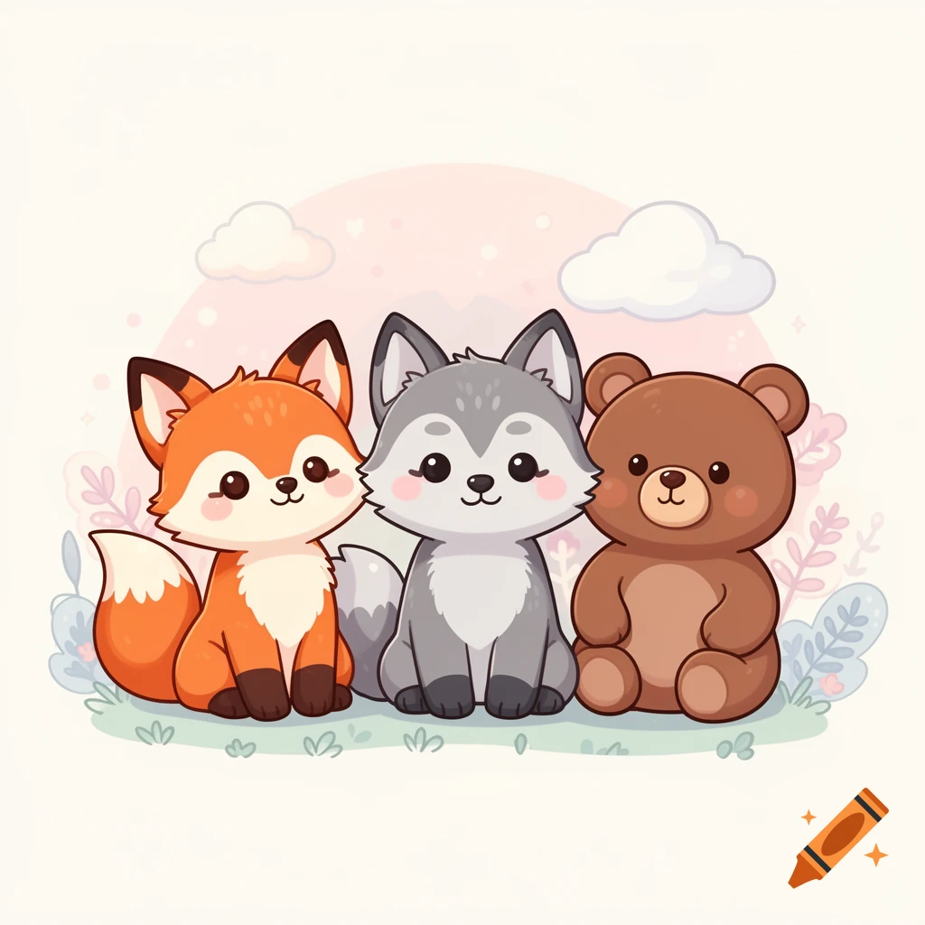 Kawaii style illustration of a fox, a wolf, and a bear sitting together in a pastel outdoor setting with clouds.