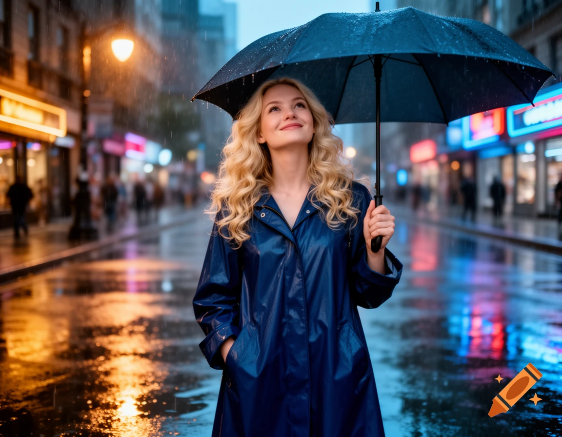 A smiling blonde woman in a blue raincoat holds an umbrella on a rainy city street at night, with colorful reflections.