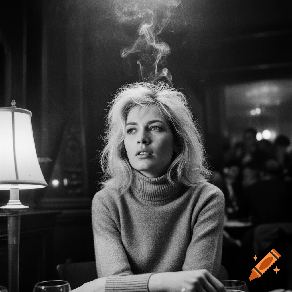 A black and white portrait of a blonde woman in a turtleneck with smoke rising above her head in a dimly lit restaurant.