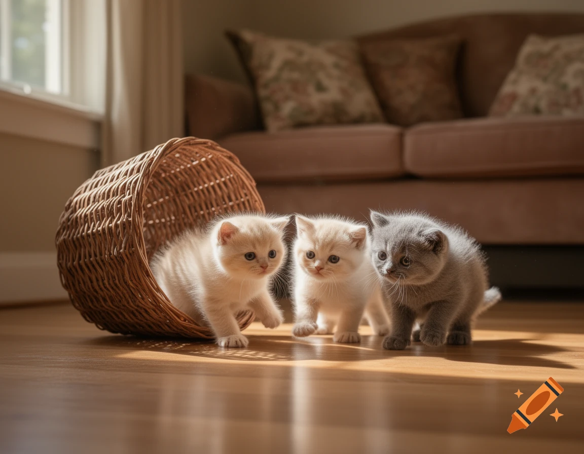 Three fluffy kittens, one light orange, one cream, and one grey, playing near a woven basket on a sunlit wooden floor.