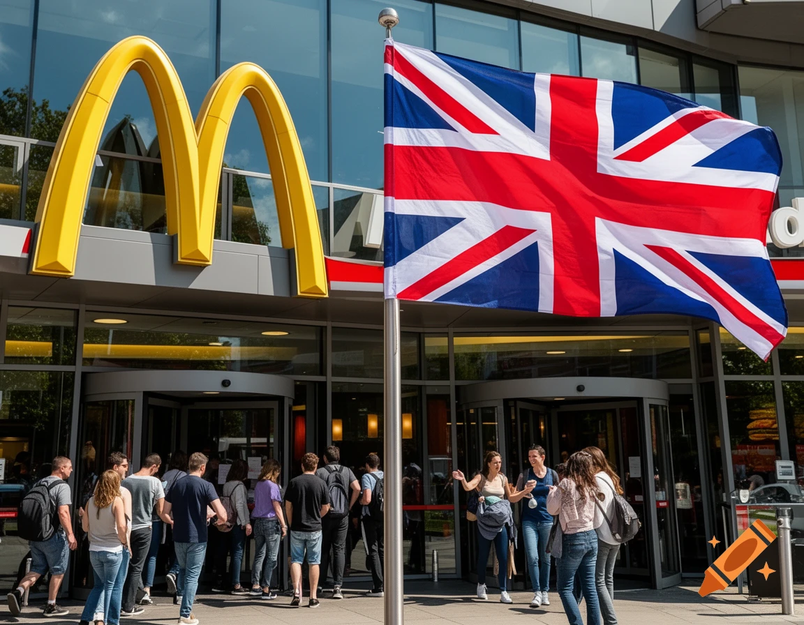 A photorealistic image of a McDonald's restaurant entrance with golden arches and a large Union Jack flag. People enter and exit.