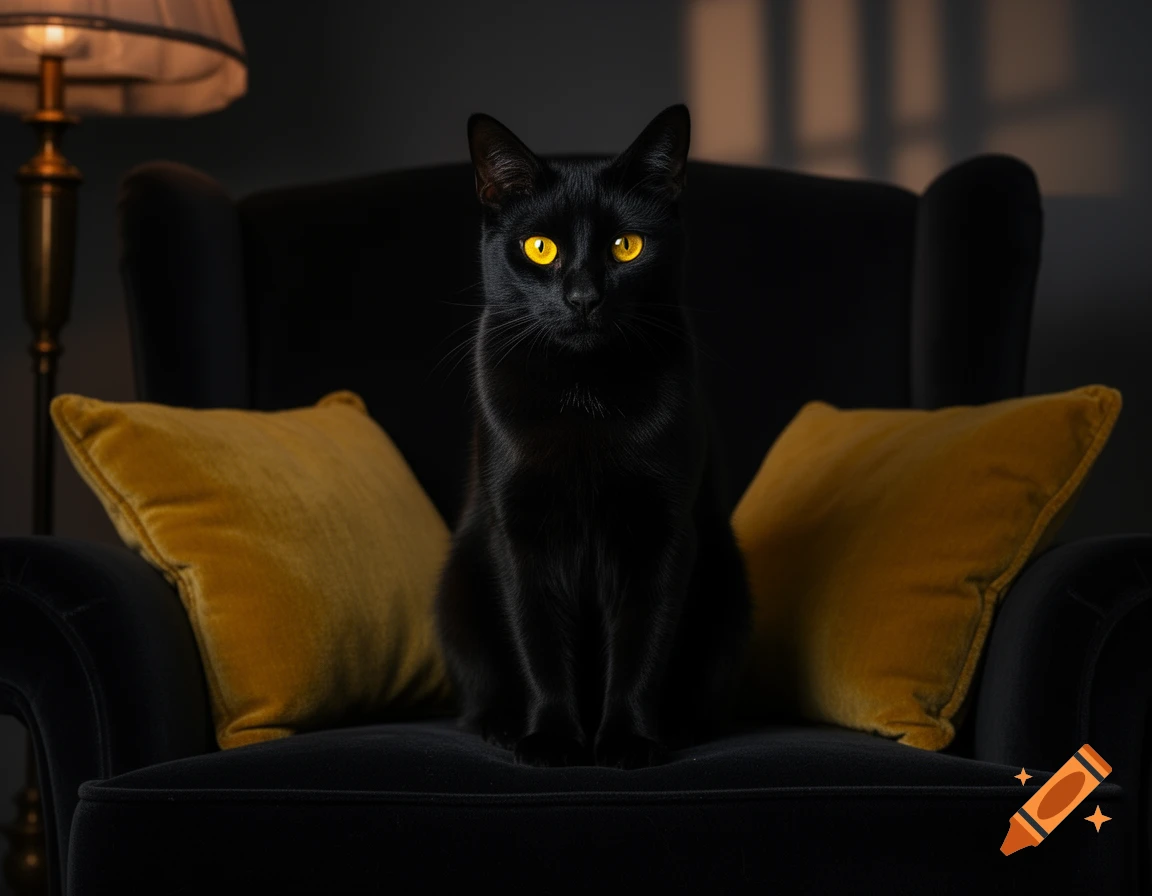 A sleek black cat with piercing yellow eyes sits regally on a dark ...