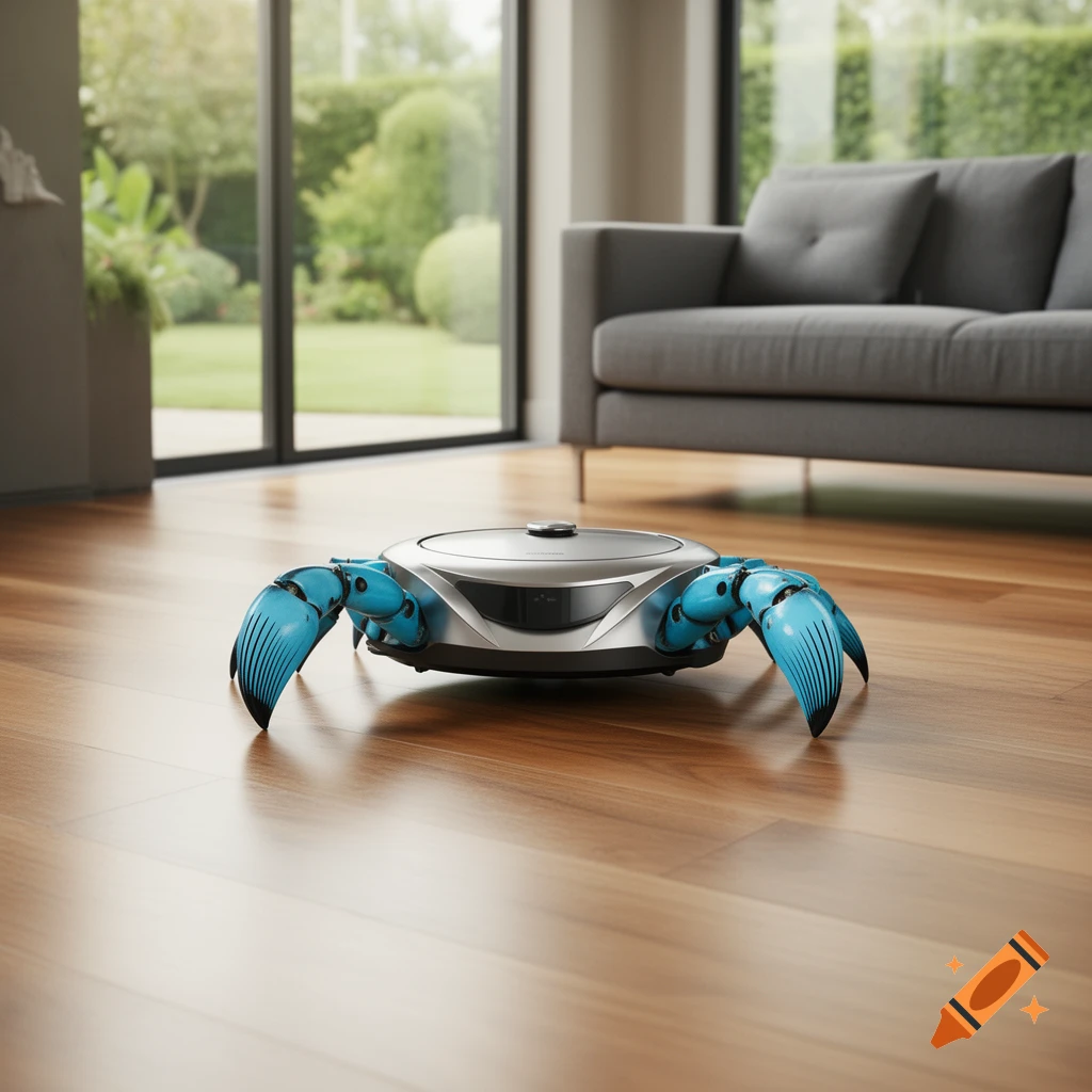 A robot vacuum cleaner with bright blue crab claws sits on a polished wooden floor in a modern living room.
