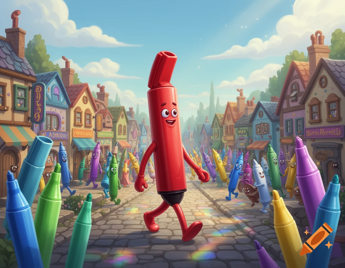 A happy red marker walks through a vibrant, colorful cartoon village, with many other cheerful marker and crayon characters in the background.