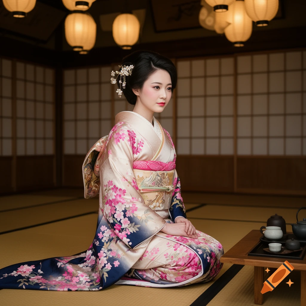 A woman in a beautiful pink and blue floral kimono kneels on tatami mats in a traditional Japanese room, with lanterns overhead.