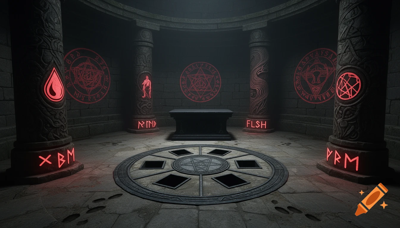 A dark, ancient cult chamber with glowing red occult symbols, a black stone altar, and carved runes on pillars and floor, creating an eerie atmosphere.