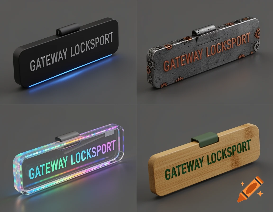 Four 3D models of rectangular name tags, each displaying "GATEWAY LOCKSPORT" in different styles: black with blue light, steampunk, holographic, and wood.