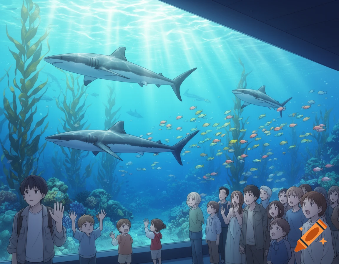 Manga-style illustration of people observing sharks and small fish in a large, vibrant aquarium.