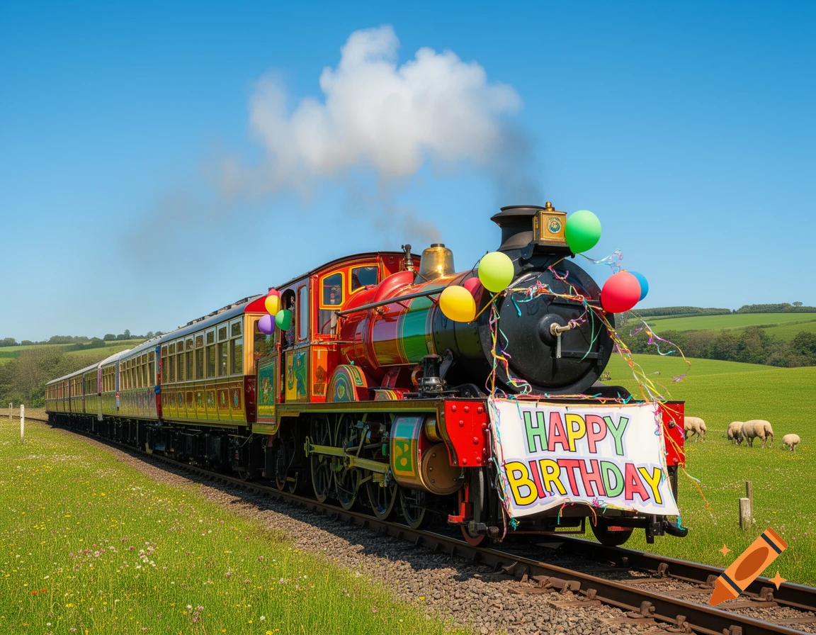 A colorful steam train, decorated with balloons and a "Happy Birthday" banner, travels through a lush green field under a clear blue sky, with sheep grazing in the distance.