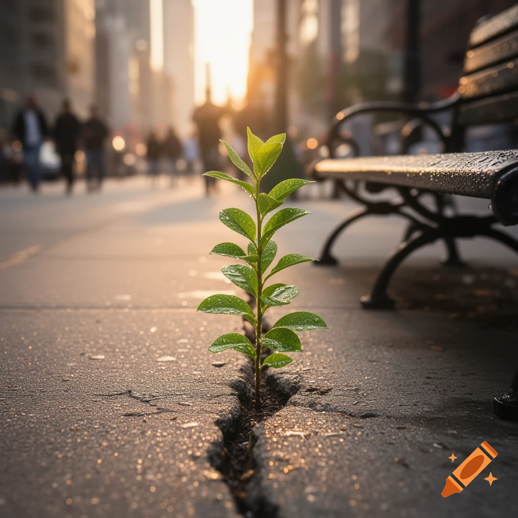 A small green plant with dewdrops grows from a crack in a concrete sidewalk. A blurred city street and bench are in the background.