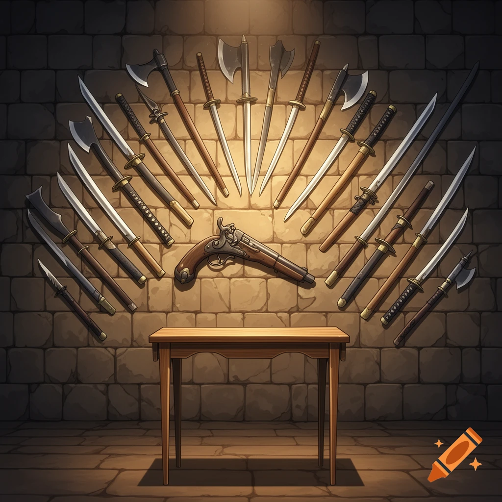 A stylized drawing in manga style showing a collection of swords, axes, and an antique pistol displayed on a stone wall above a wooden table.