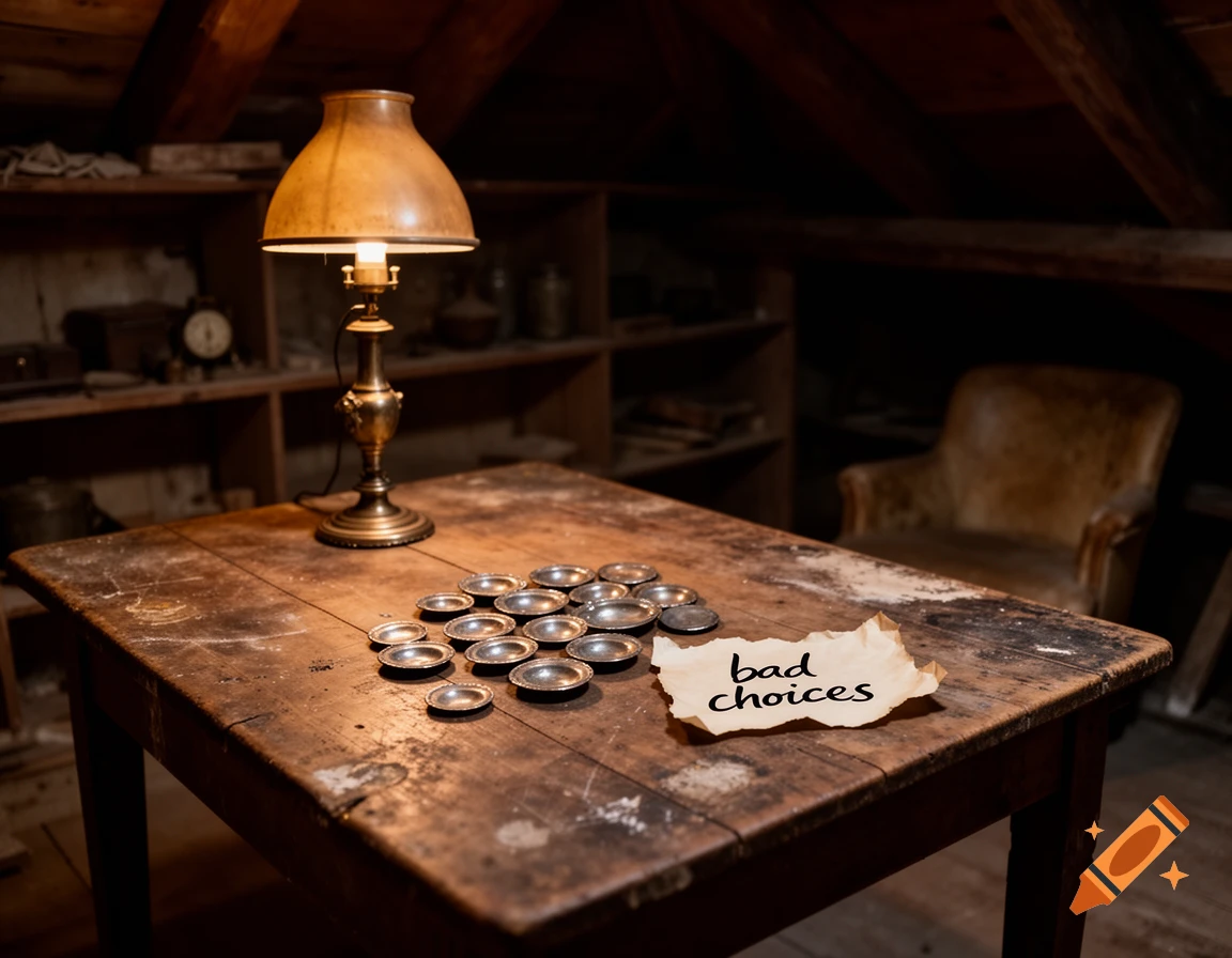 A dimly lit attic scene with a lamp and small dishes on a wooden table, and a paper with 'bad choices' written on it.