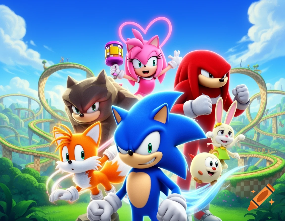 Sonic, Tails, Knuckles, Amy, a wolf-like character, Cream the Rabbit, and Cheese the Chao in a vibrant green landscape with looping tracks.