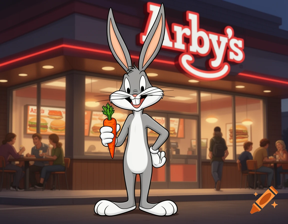 Bugs Bunny stands in front of an Arby's restaurant at dusk, holding a carrot, in a cartoon style.