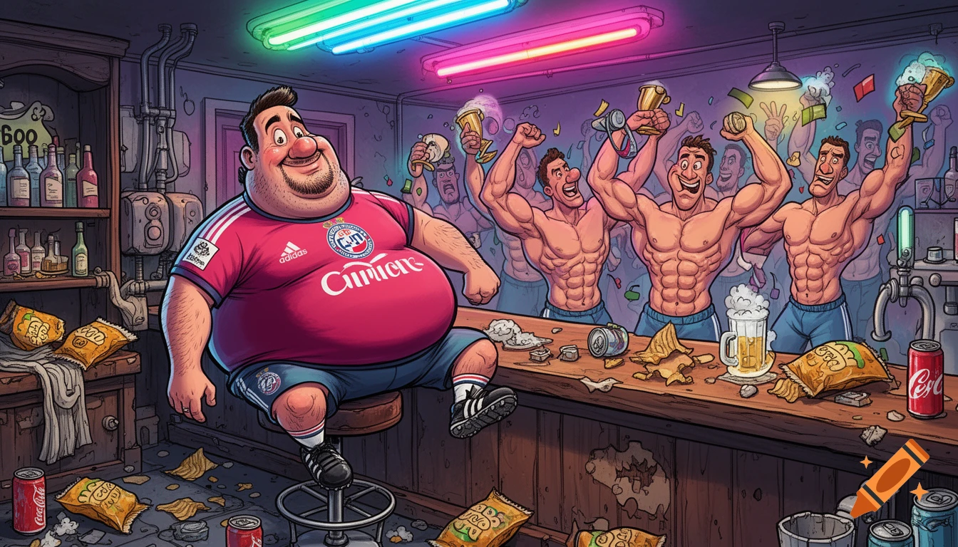 Funny cartoon of an overweight soccer player sitting at a messy bar, while his muscular teammates celebrate in the background.