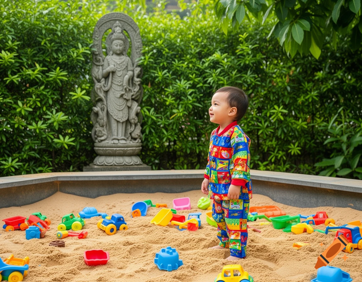 A smiling toddler in colorful pajamas plays in a sandbox filled with plastic toys, with a stone statue and green foliage in the background.