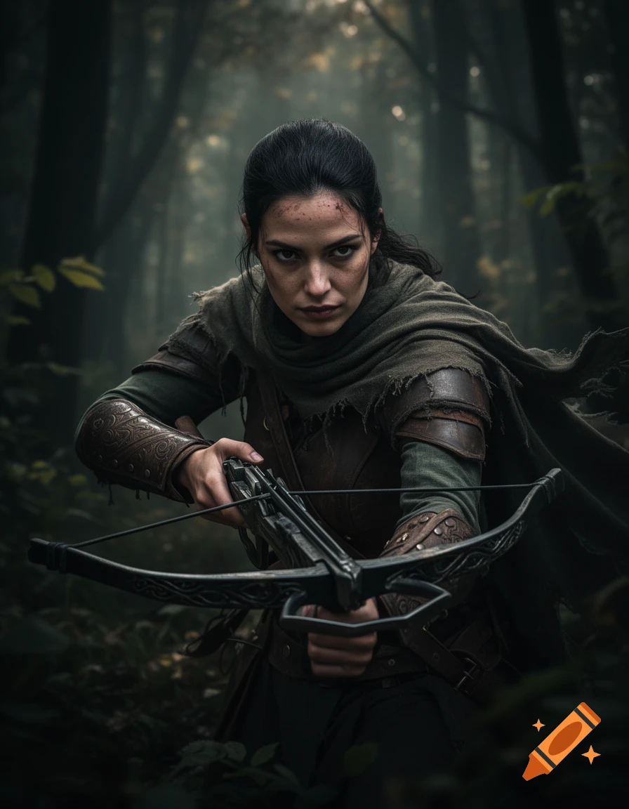 A stern female fantasy adventurer aiming a crossbow in a dark, misty forest, photorealistic style.