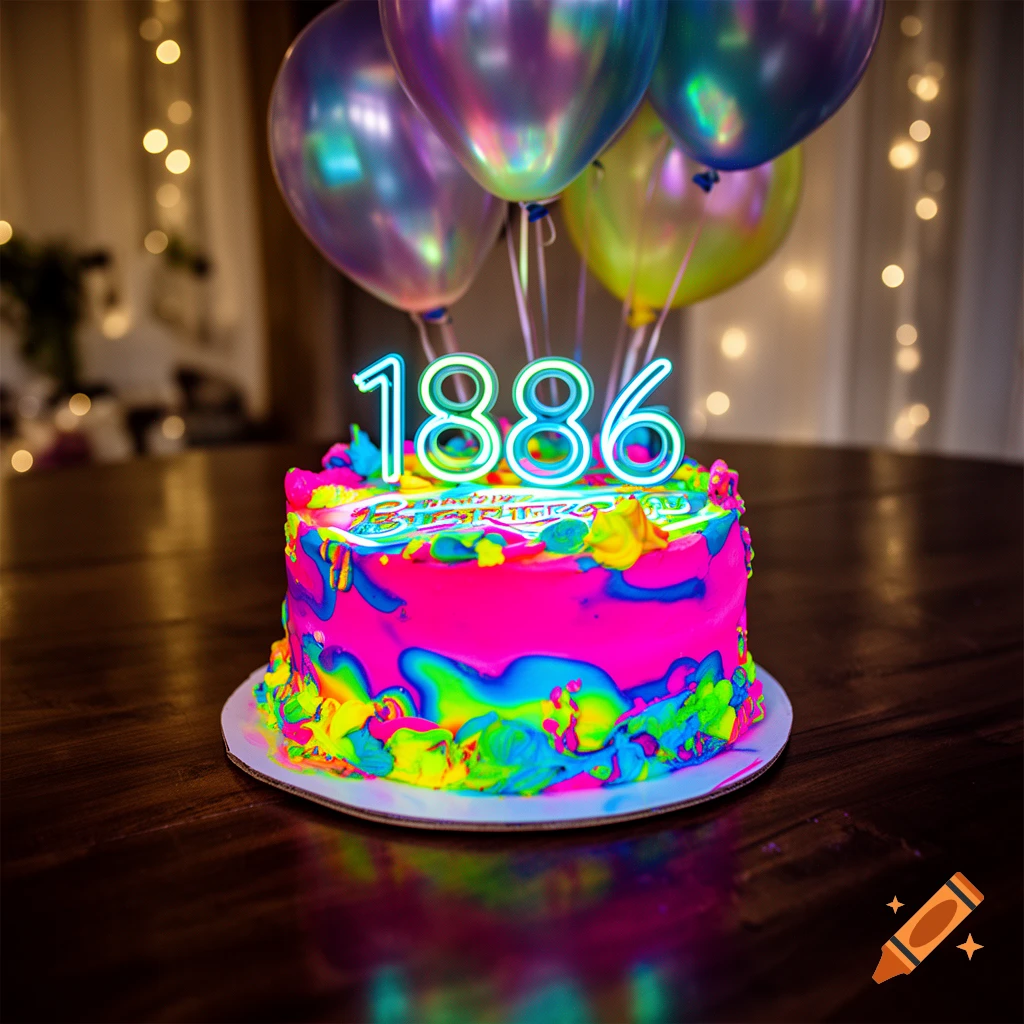 A vibrant, fluorescent pink, blue, green, and yellow birthday cake with neon "1886" candles and balloons.