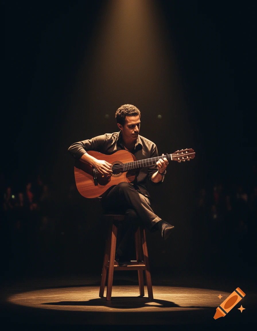 A man sits on a stool on a dimly lit stage, playing an acoustic guitar under a soft spotlight.