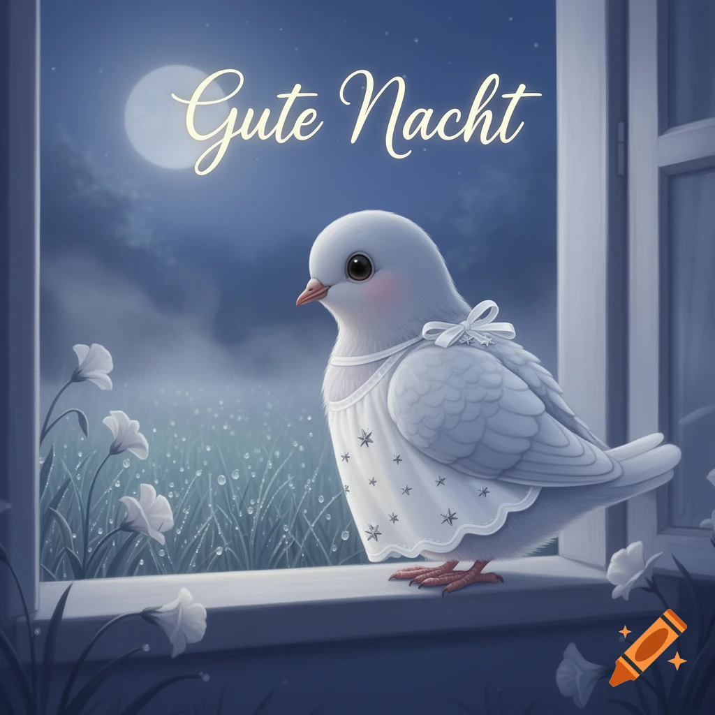 A cute white dove in a white nightgown sits on a window sill, looking out at a moonlit night with dewy grass and flowers. The text "Gute Nacht" is at the top.