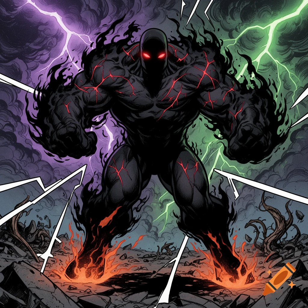 A muscular, shadowy figure with red glowing eyes and fiery feet stands amidst lightning and rubble in a comic art style.