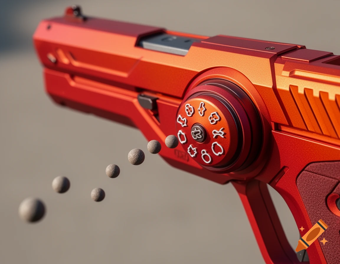 Close-up of a red and orange futuristic weapon with a dial of abstract shapes, shooting small gray pellets.