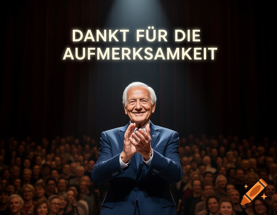 An old man in a suit claps on a stage, smiling at a blurred audience below glowing text that reads "DANKT FÜR DIE AUFMERKSAMKEIT".