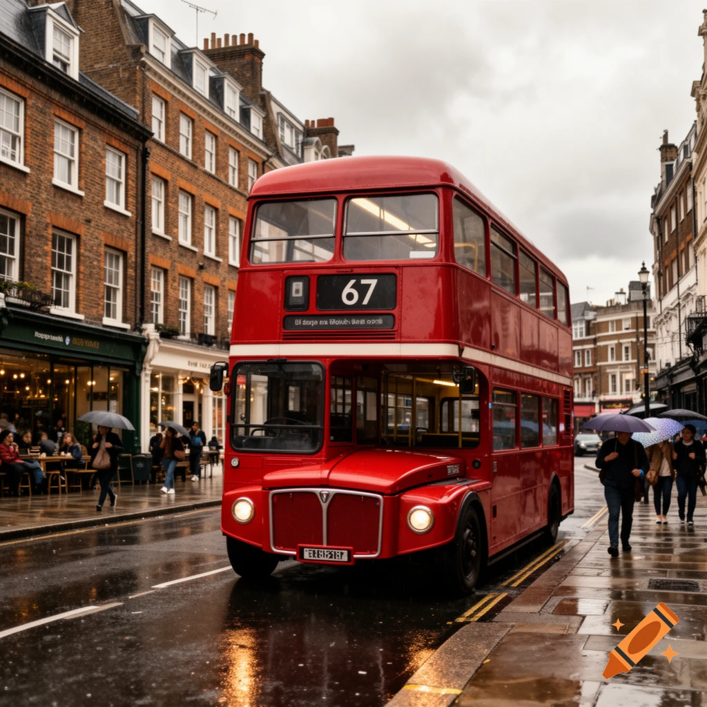 A red double-decker bus drives down a wet street in a city, with people walking with umbrellas on the sidewalks and brick buildings lining the street under an overcast sky.