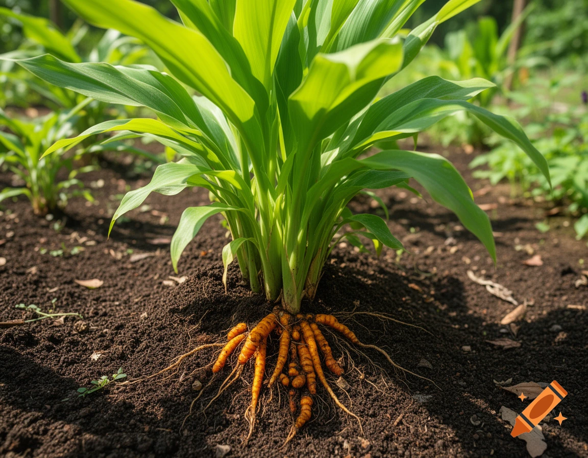 A close-up, photorealistic shot of a turmeric plant with its vibrant green leaves and orange roots exposed in dark soil.
