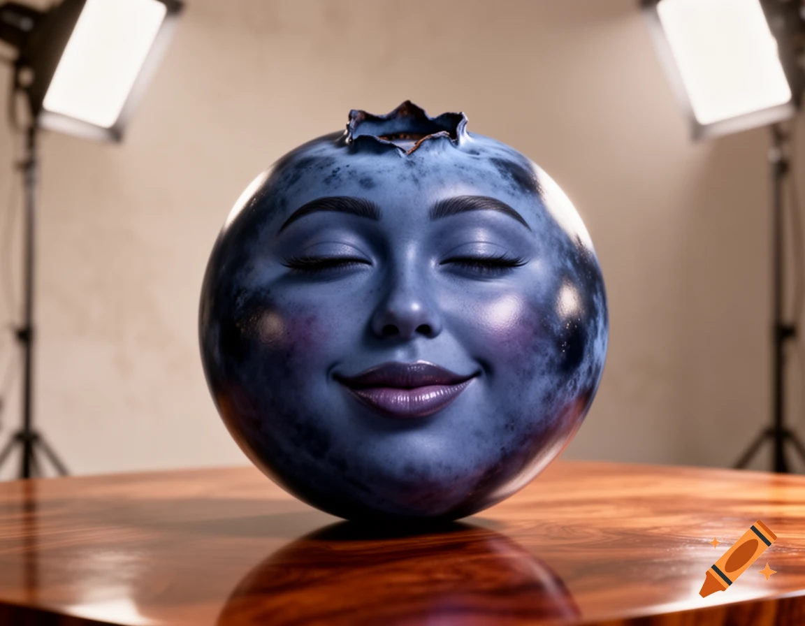 Photorealistic blueberry with a smiling human face, eyes closed, on a glossy wooden table with studio lights.